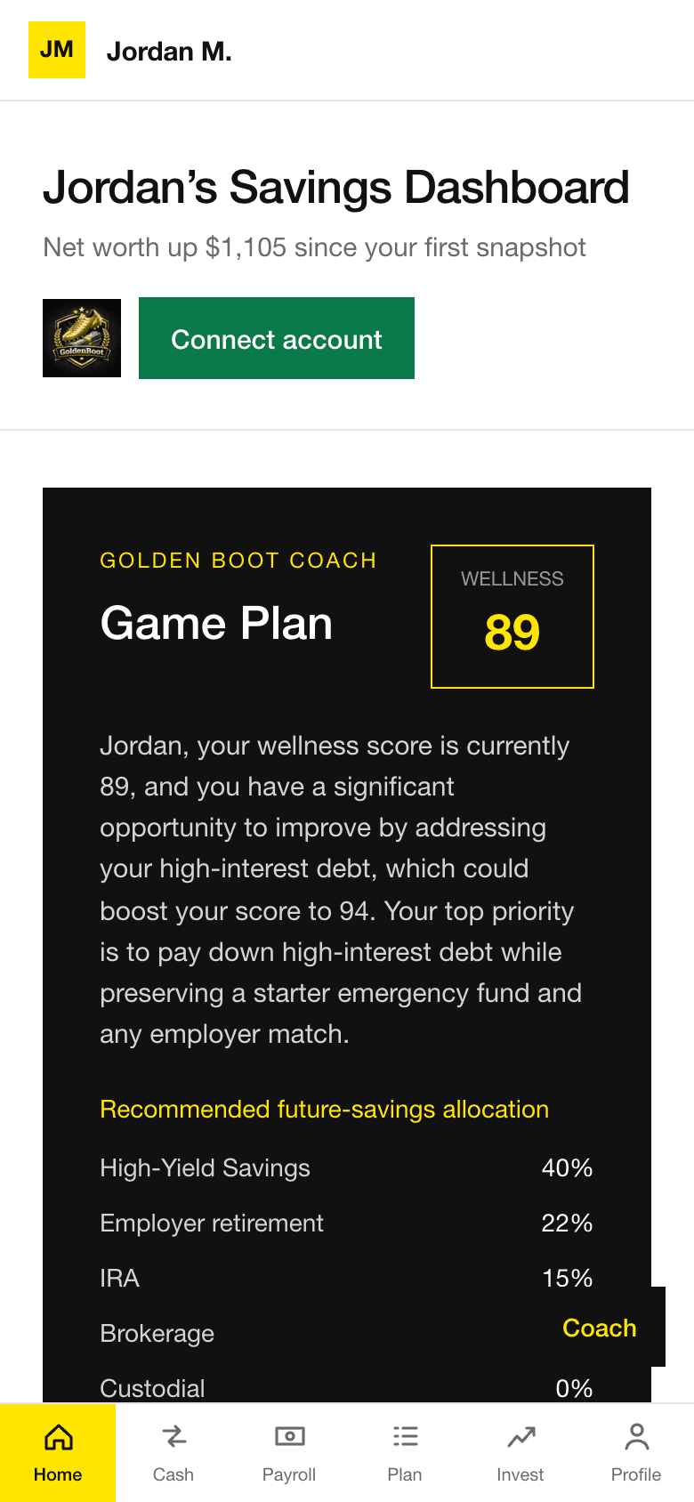 The Golden Boot dashboard: wellness score, Game Plan, and net worth